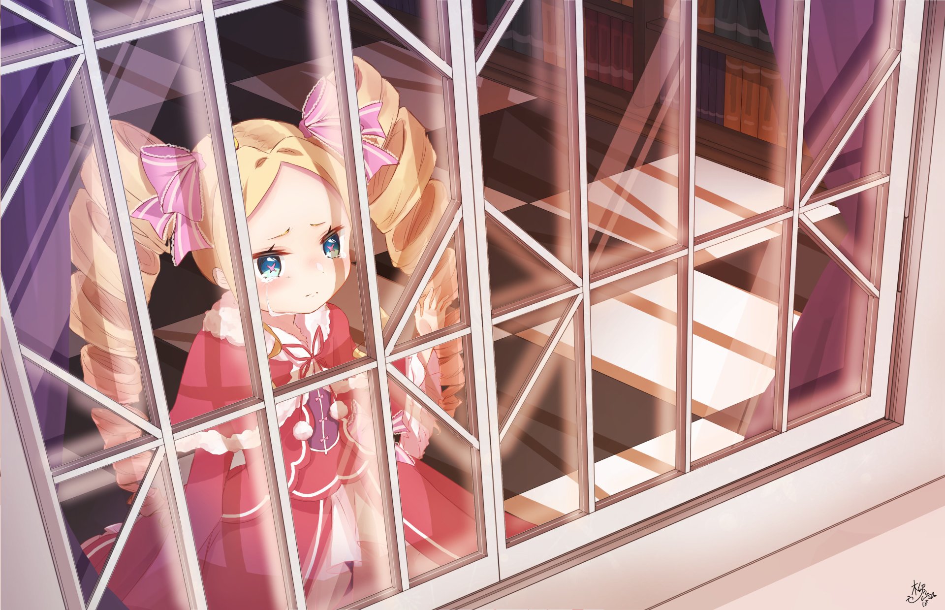 Beatrice (Re:ZERO) peers through a lattice window in soft light — 4K Ultra HD PC anime desktop wallpaper from Re:Zero - Starting Life in Another World.