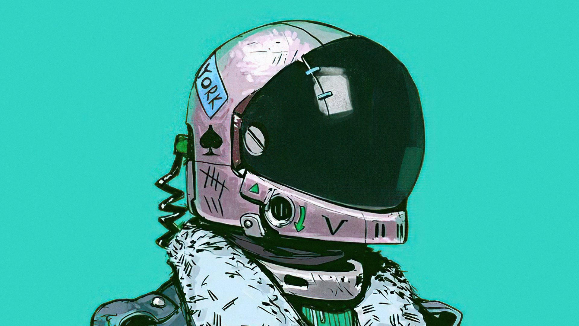 Stylized sci-fi astronaut in a pink helmet with black visor and fur collar against a teal background — 4K Ultra HD PC desktop wallpaper and background.