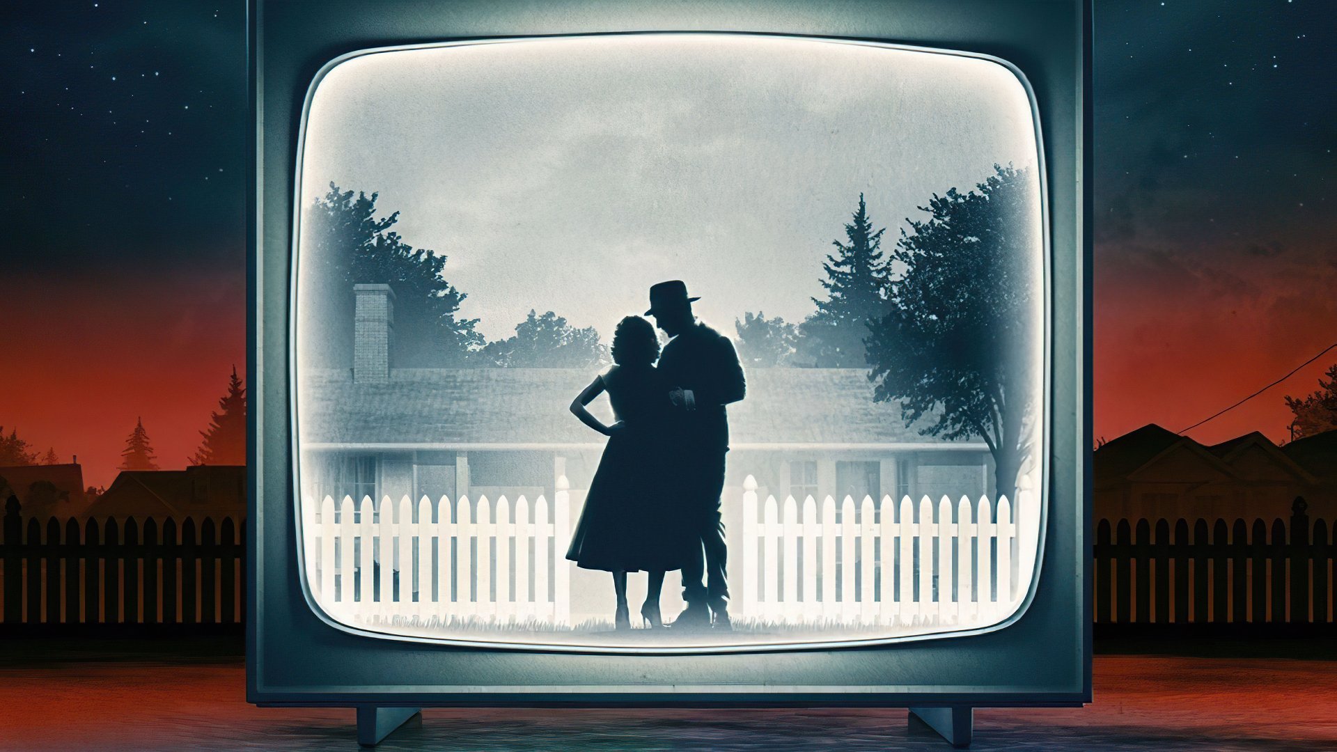 4K Ultra HD PC desktop wallpaper of Wanda Maximoff and Vision (WandaVision) silhouettes dancing inside a vintage TV, white picket fence and ominous red suburban sky.