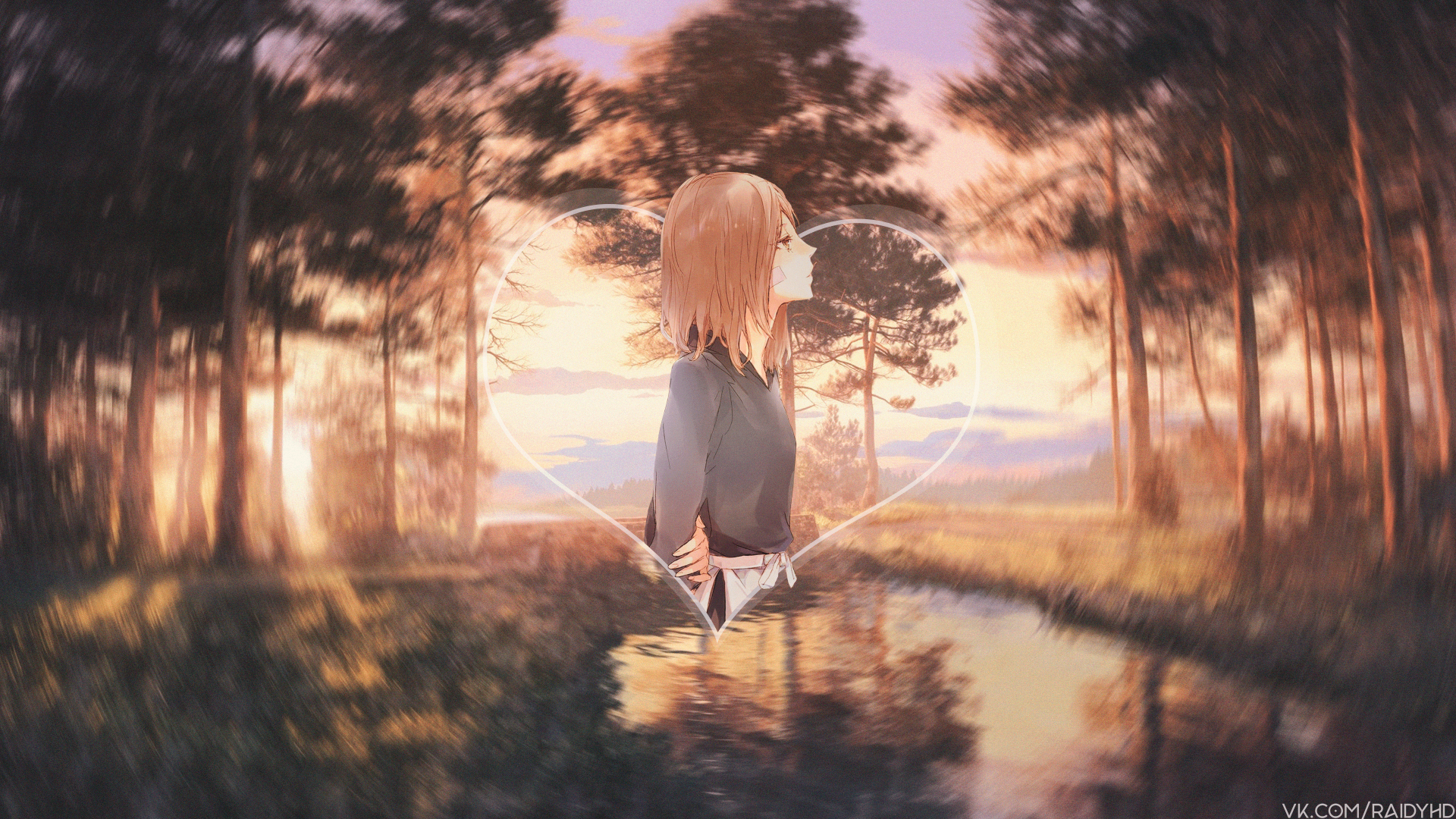 Rin Nohara from Naruto, anime 4K Ultra HD PC wallpaper: standing beside a sunset forest pool with a heart-shaped reflection and warm golden light.