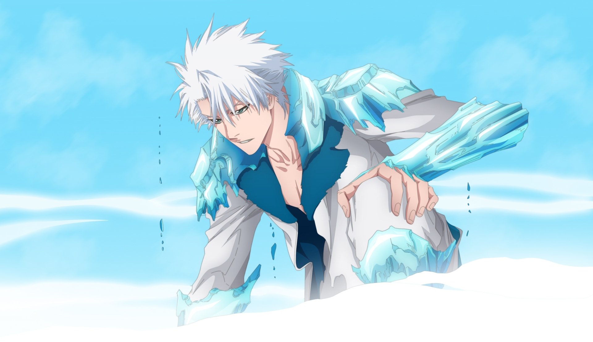 HD PC desktop wallpaper featuring Tōshirō Hitsugaya from the anime Bleach, depicted with icy blue tones and a snowy background.