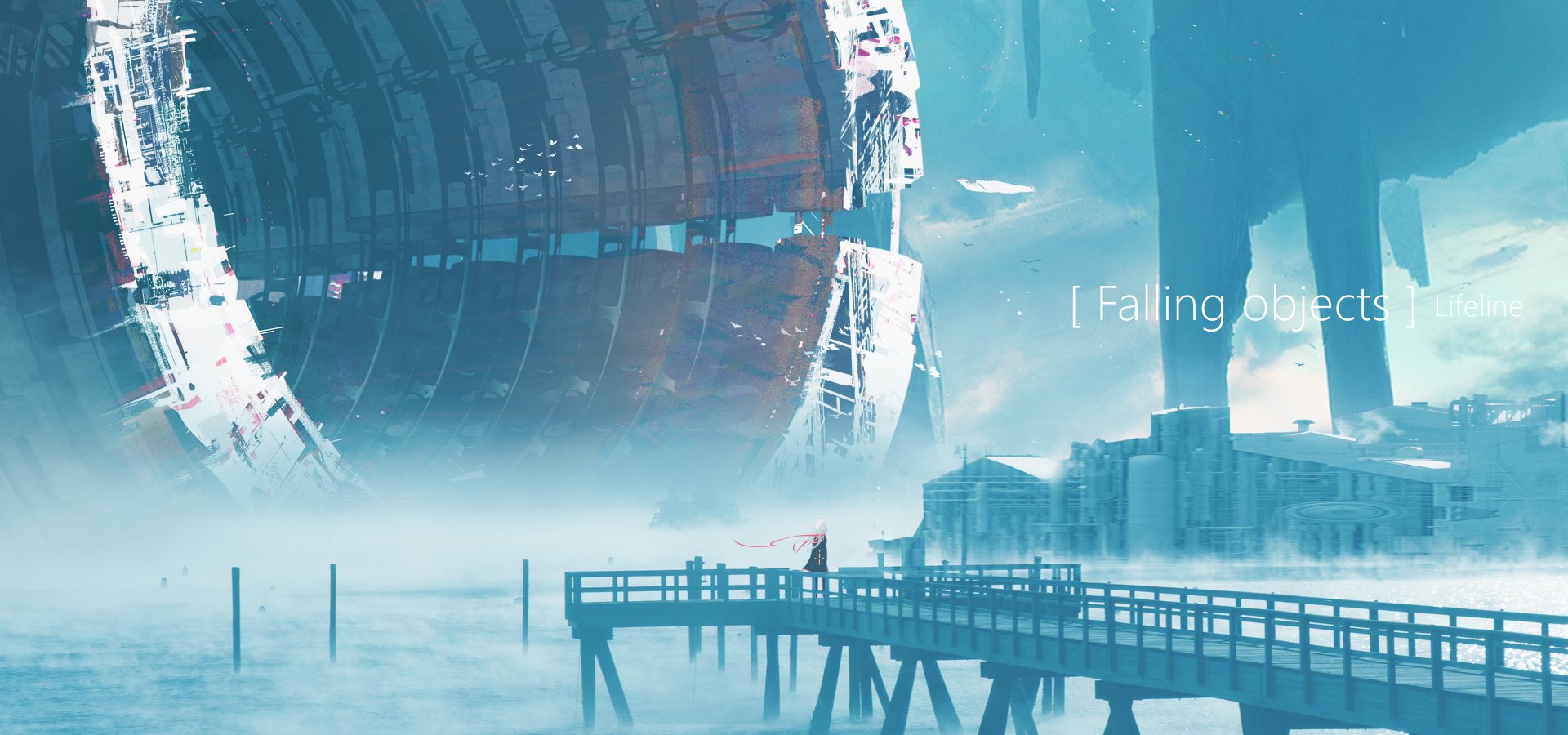 Anime, Sci Fi, Sci Fi Anime — 2K Quad HD PC desktop wallpaper and background: teal waterfront with a lone figure on a pier beneath a massive drifting orbital structure, misty futuristic cityscape.