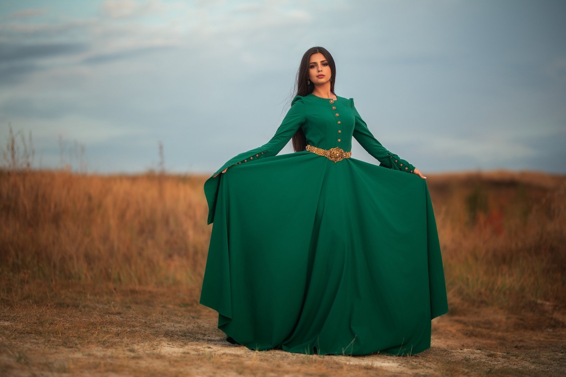 Download Black Hair Depth Of Field Green Dress Woman Model HD Wallpaper by Dmitry Sn