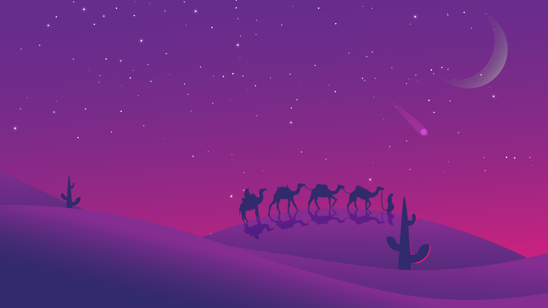 8K Ultra HD PC desktop wallpaper showing a camel caravan crossing sand dunes under a starry purple night sky with a crescent moon and shooting star.