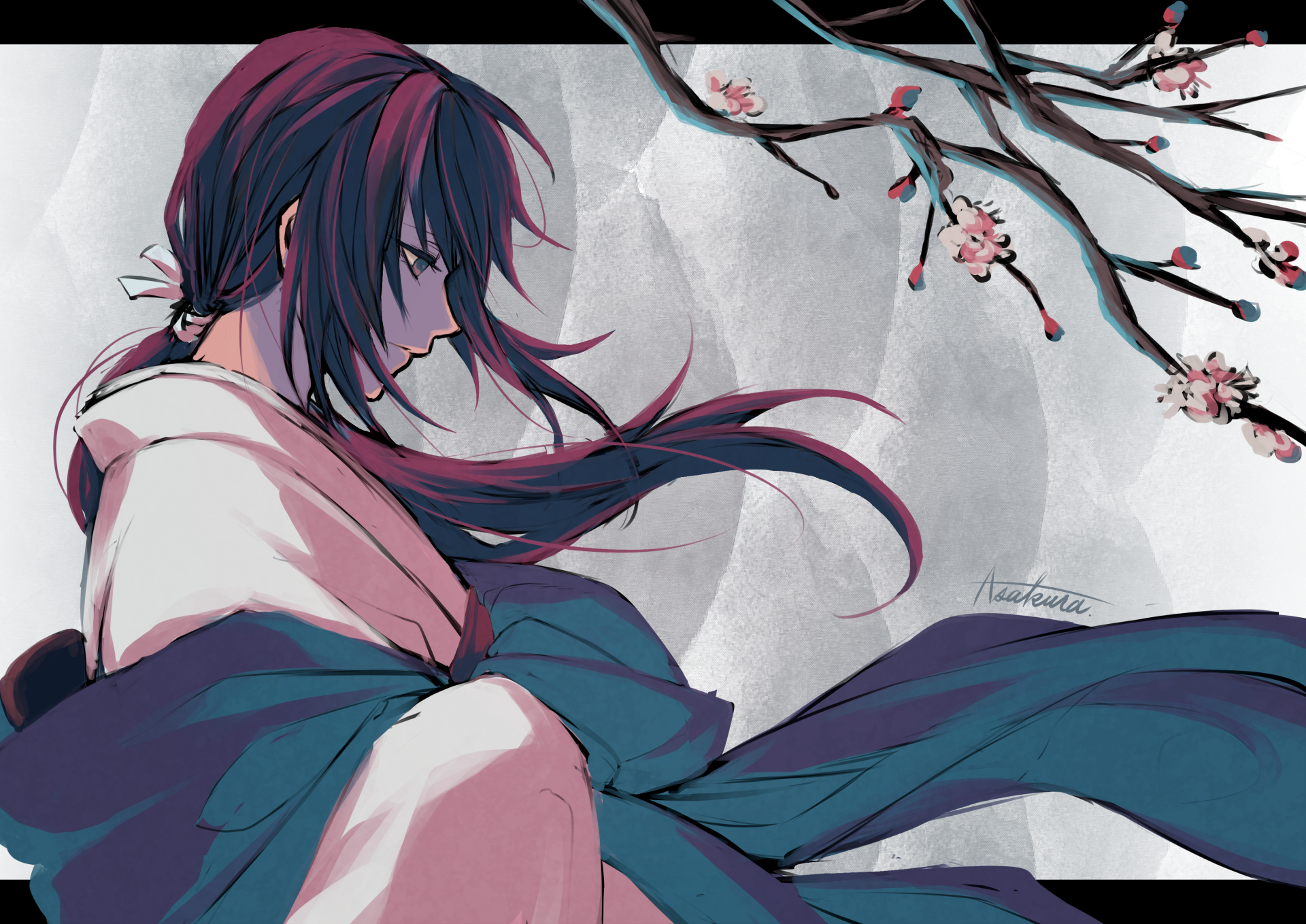 Tomoe Yukishiro from Rurouni Kenshin depicted in a 4K Ultra HD anime wallpaper with flowing hair, traditional attire, and cherry blossoms against a moonlit background.