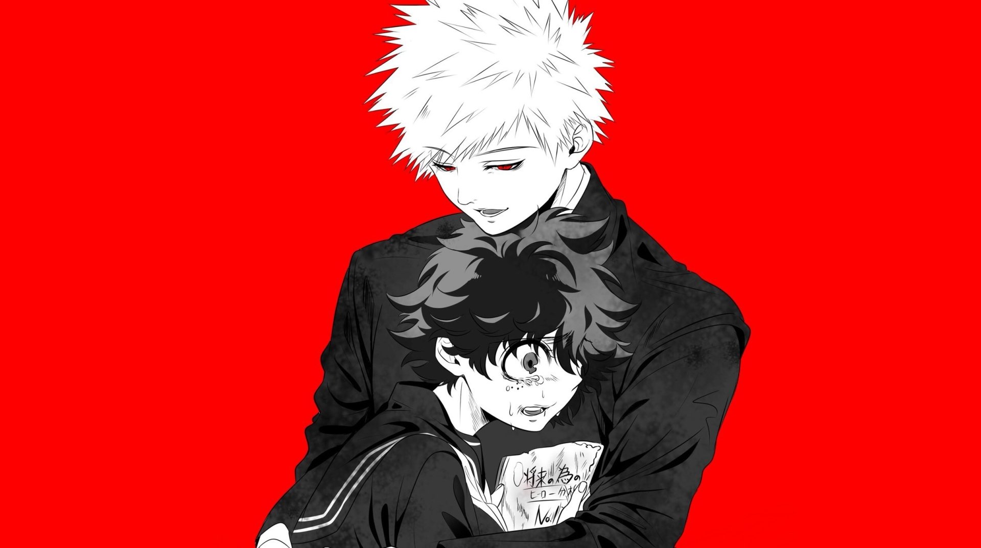 Izuku Midoriya and Katsuki Bakugou from My Hero Academia — anime HD PC desktop wallpaper: Bakugou stands behind Midoriya, both in black outfits against a vivid red background.