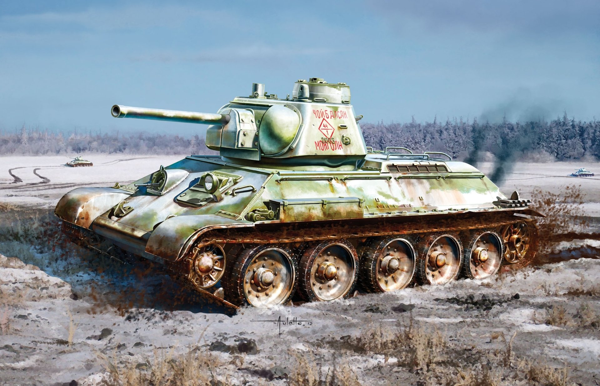 Snow-swept T-34 military tank advancing across a frozen field; painted artwork rendered as a 2K Quad HD PC desktop wallpaper/background.