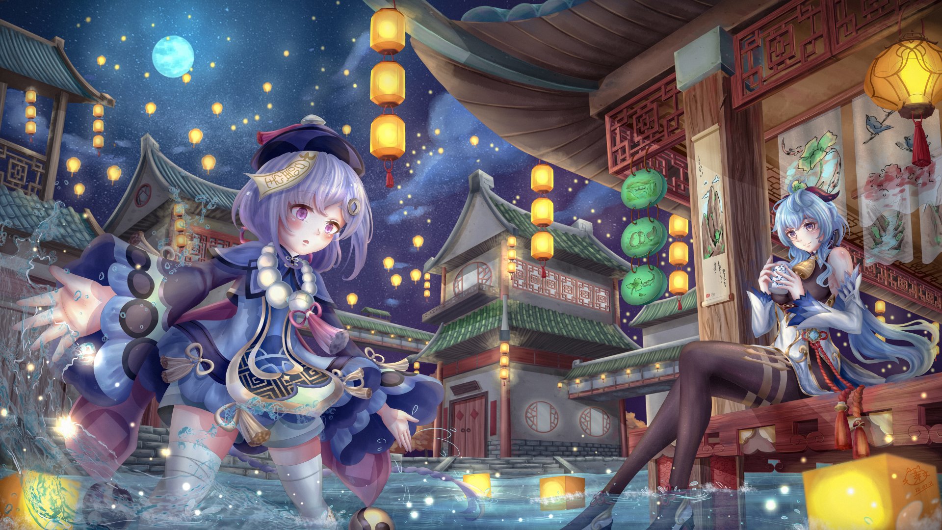 Qiqi with purple hair and eyes, and Ganyu with blue hair from Genshin Impact, featured in a detailed 8K Ultra HD video game wallpaper set in a vibrant lantern-lit village.