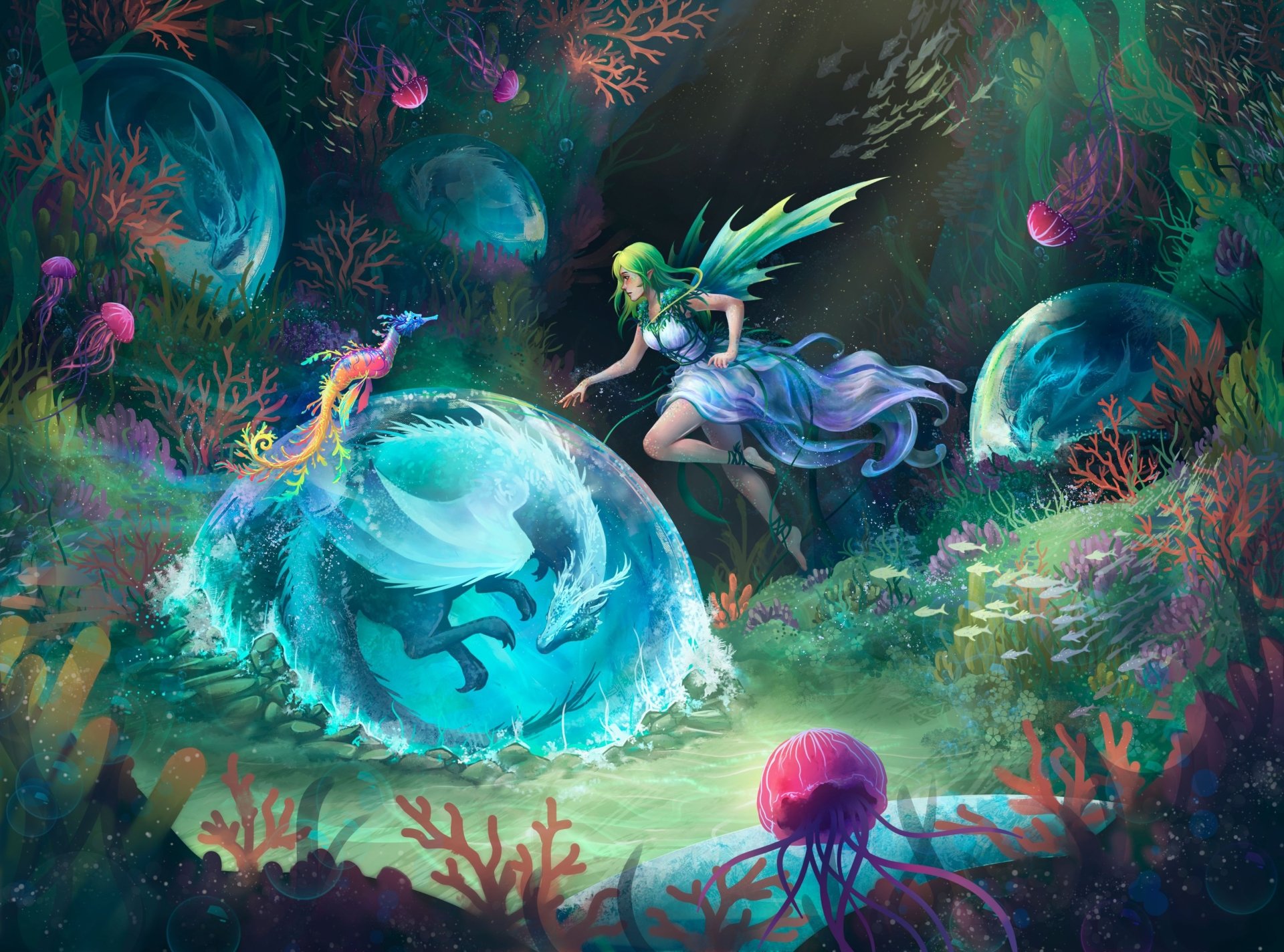 Fantasy underwater 2K Quad HD PC desktop wallpaper/background: green-haired fairy reaches toward a glowing bubble containing a dragon and seahorse amid coral.