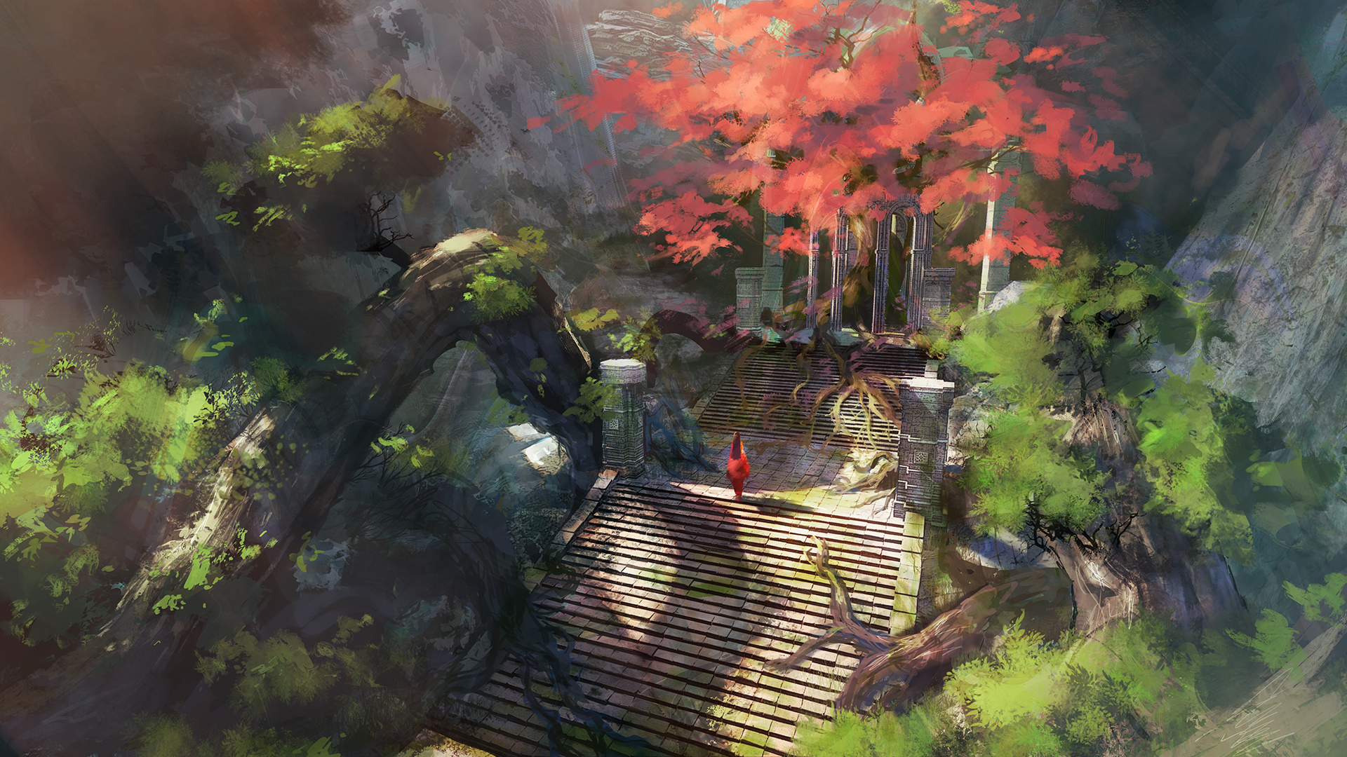 HD PC desktop wallpaper: fantasy ruin — moss-covered stone steps and broken pillars lead to a glowing red tree; a lone cloaked figure overlooks a sunlit, overgrown ravine.