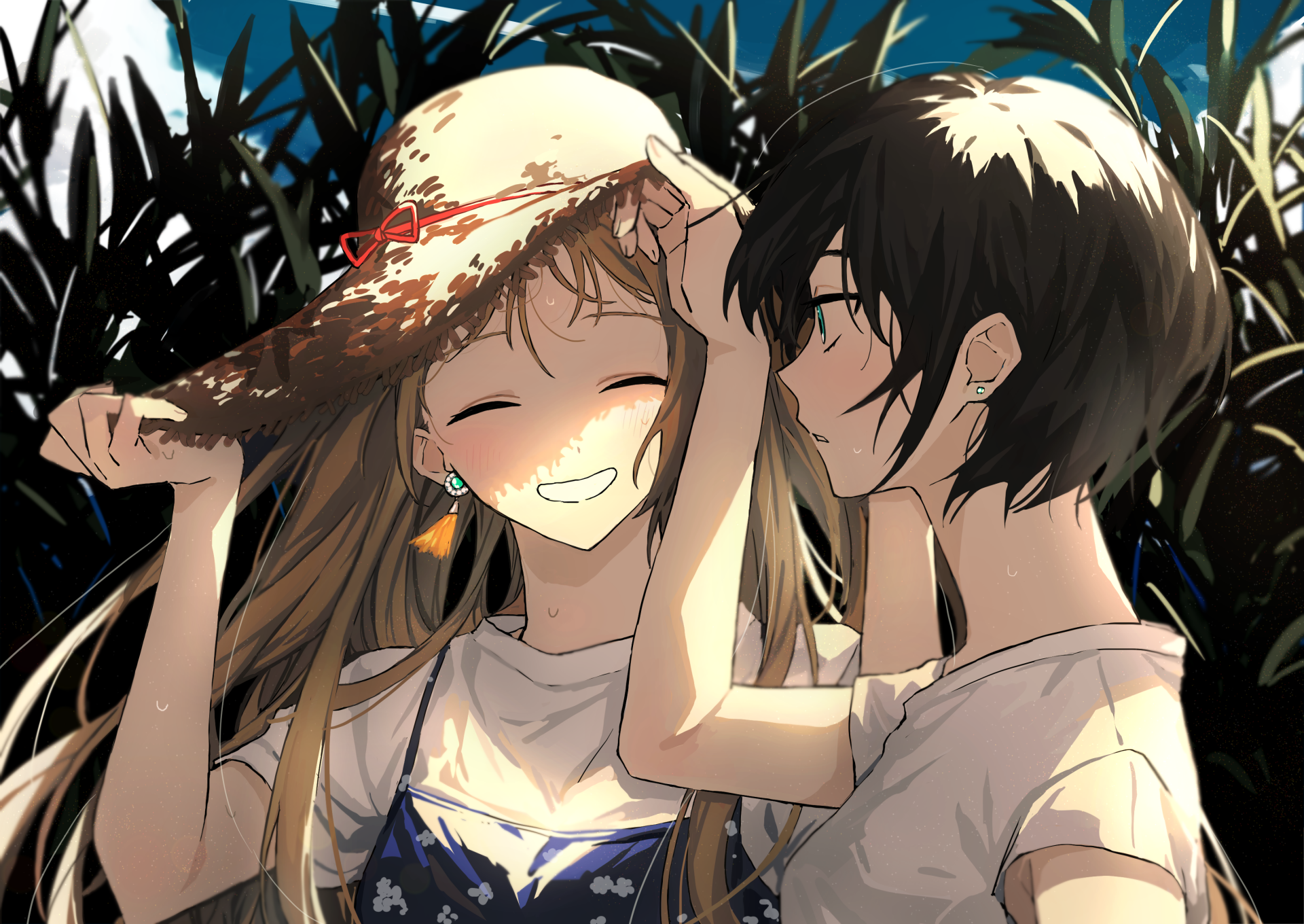 HD anime desktop wallpaper of a smiling anime couple, with the girl holding a hat and the boy gently touching it amid tall grass in a bright, warm setting.
