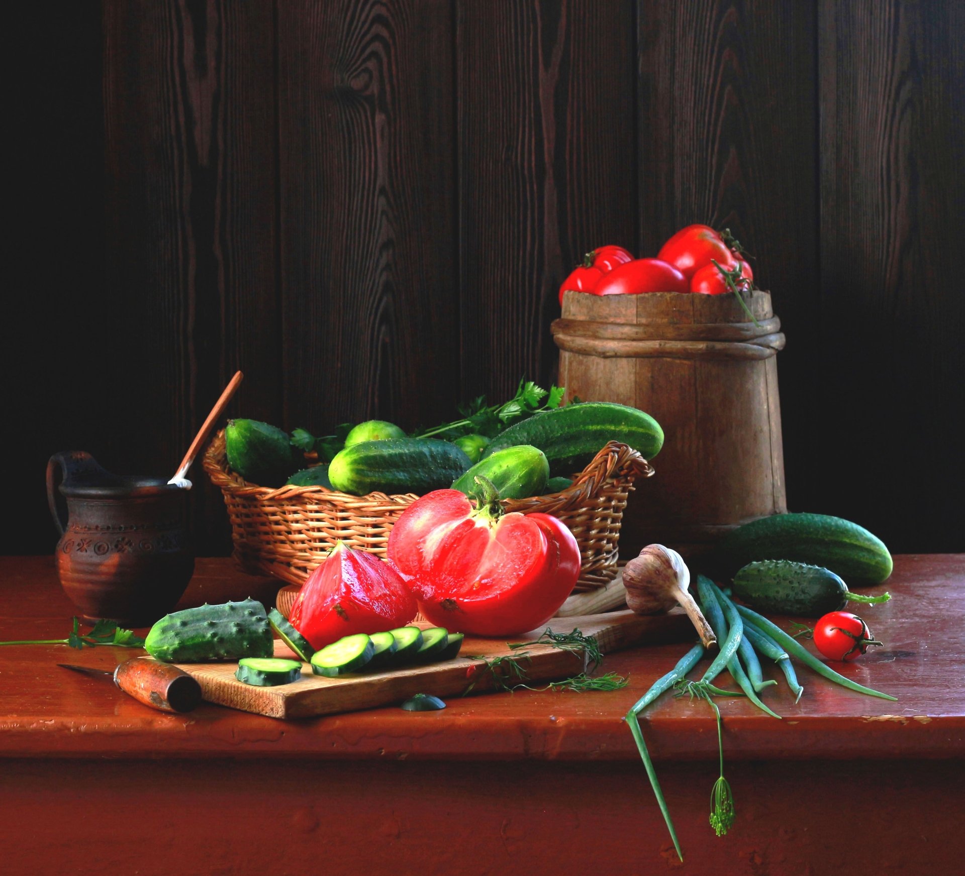 Download Cucumber Tomato Vegetable Food Still Life HD Wallpaper