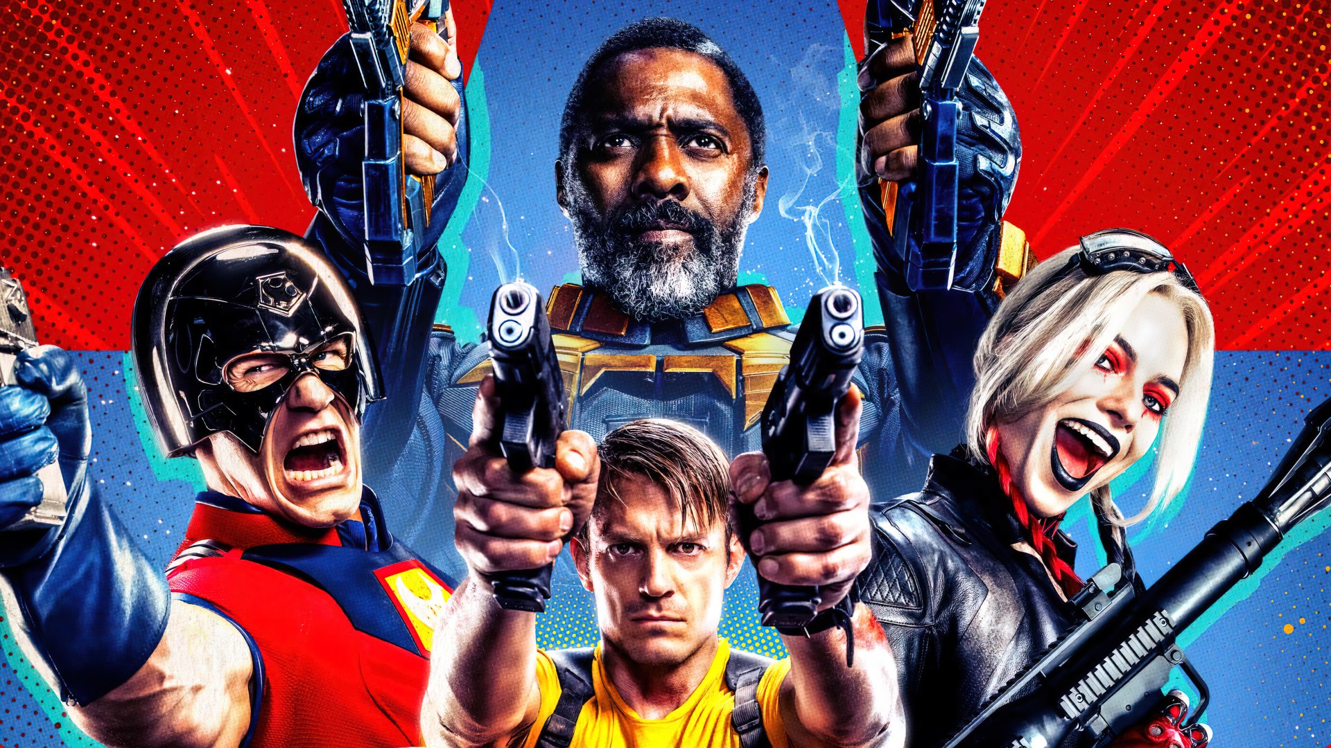 4K Ultra HD wallpaper of Peacemaker, Bloodsport, Rick Flag and Harley Quinn from The Suicide Squad, posed brandishing weapons against a bold red background.