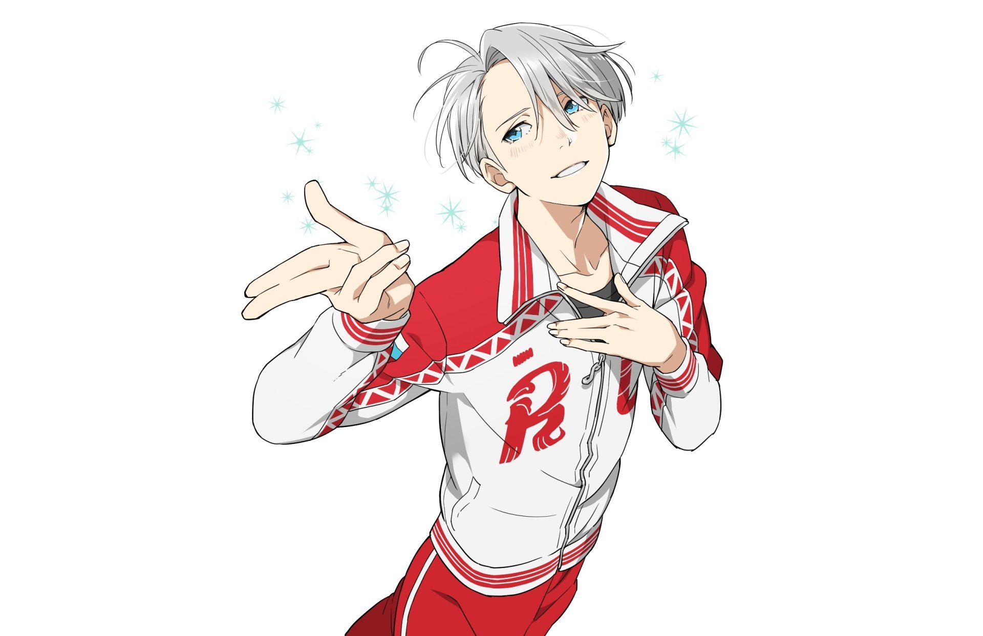 Victor Nikiforov (Yuri!!! on ICE) smiling in a red-and-white skating jacket, reaching out in a playful pose — 2K Quad HD PC desktop wallpaper/background.