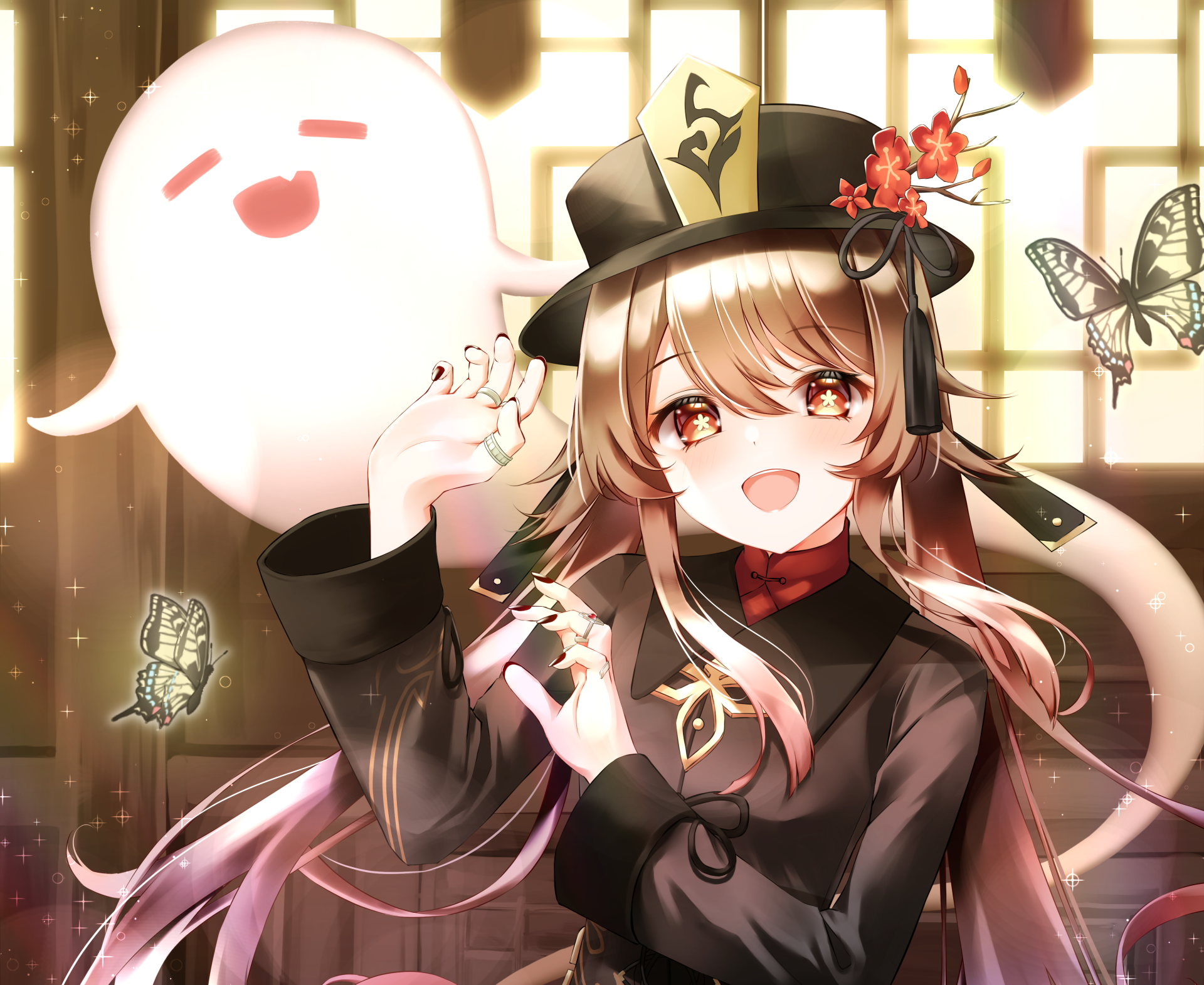 4K Ultra HD PC desktop wallpaper featuring Hu Tao from the video game Genshin Impact, smiling with glowing butterflies and a cheerful ghost in a warm, bright setting.