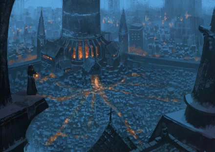 HD anime cityscape showcasing a glowing, futuristic urban center with towering buildings and intricate light patterns, designed as a PC desktop wallpaper.