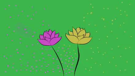 An artistic 8K Ultra HD PC desktop wallpaper featuring two stylized flowers, one pink and one yellow, on green background with scattered colorful dots.