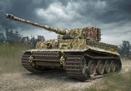 HD PC desktop wallpaper/background: military Tiger I tank in camouflage on a muddy field under a brooding, stormy sky.