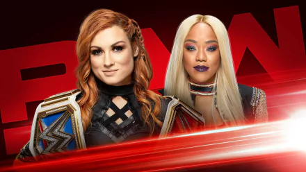 HD WWE wallpaper featuring Becky Lynch with title belt and Alicia Fox against a dynamic RAW-themed backdrop.