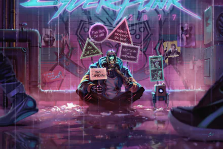 A futuristic sci-fi robot crouches in a neon-lit urban alley, clutching protest signs amid rain, rendered in vibrant 4K Ultra HD detail for PC desktop wallpaper.