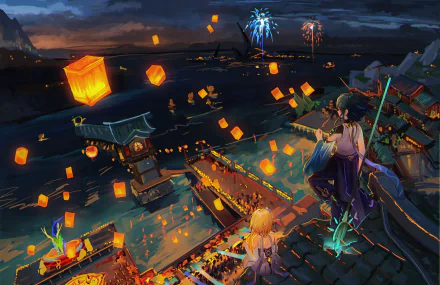 HD desktop wallpaper of Genshin Impact's Lantern Rite festival, featuring characters Xiao and Lumine overlooking a vibrant night scene filled with lanterns and fireworks.