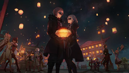 HD desktop wallpaper of Genshin Impact characters at a lantern festival, featuring Beidou, Xinyan, Qiqi, and others.