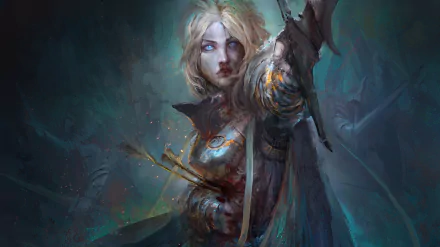 HD fantasy PC desktop wallpaper featuring a fierce woman warrior with glowing blue eyes and armor, set against a dark, mystical background.