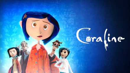 Coraline movie HD PC desktop wallpaper: Coraline center with concerned expression against blue background, surrounded by supporting characters and white Coraline logo.