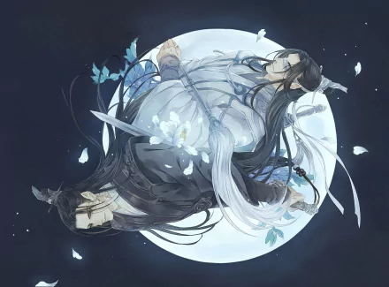 HD anime wallpaper of Xiao Xingchen and Song Lan from Mo Dao Zu Shi, featuring them floating serenely against a luminous, full moon backdrop.