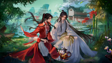 HD PC desktop wallpaper featuring Xie Lian and Hua Cheng from the anime Tian Guan Ci Fu, set in a vibrant, lush landscape with traditional architecture.