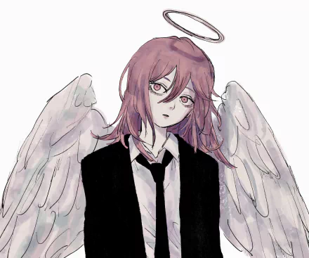 Angel Devil (Chainsaw Man) — anime portrait of a melancholic winged figure with halo, soft pink hair and black suit; 2K Quad HD PC desktop wallpaper/background.