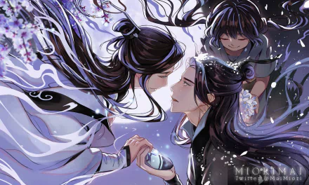 Xiao Xingchen and Song Lan clasp hands while A-Qing smiles behind them — anime Mo Dao Zu Shi HD desktop wallpaper with flowing robes, long hair, and a starry, ethereal backdrop.