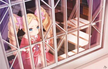 Beatrice (Re:ZERO) peers through a lattice window in soft light — 4K Ultra HD PC anime desktop wallpaper from Re:Zero - Starting Life in Another World.