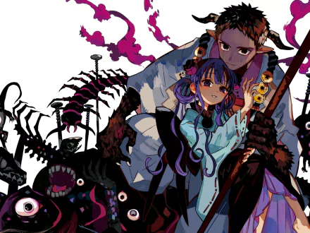 HD PC desktop wallpaper featuring anime characters from Toilet-bound Hanako-kun, showcasing vibrant colors and dynamic poses against a dark, eerie background.