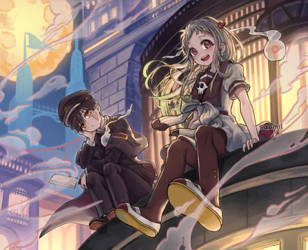 HD anime wallpaper featuring Yashiro Nene and Hanako-kun from Toilet-bound Hanako-kun, set against a vibrant cityscape at sunset.