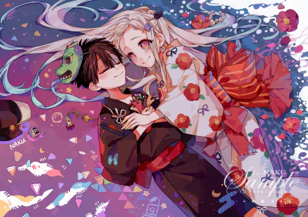 HD anime desktop wallpaper featuring Hanako-kun and Yashiro Nene from Toilet-bound Hanako-kun in colorful, detailed attire with vibrant floral and mystical patterns.