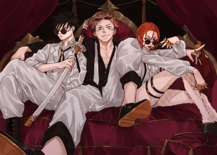 HD anime wallpaper featuring Nobara Kugisaki, Yuji Itadori, and Megumi Fushiguro from Jujutsu Kaisen, posed confidently with weapons.