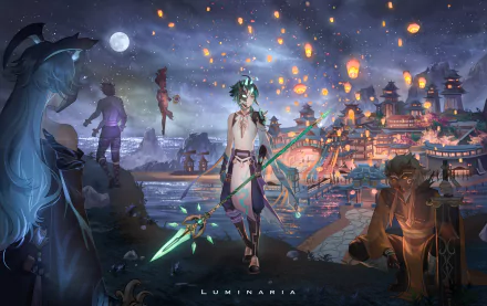 4K Ultra HD Genshin Impact wallpaper featuring Xiao during the Lantern Rite festival, showcasing a vibrant night scene with glowing lanterns and detailed characters.
