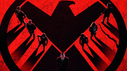 A dynamic 4K Ultra HD wallpaper featuring characters from Marvel's Agents of S.H.I.E.L.D. against a striking red background and the S.H.I.E.L.D. emblem.