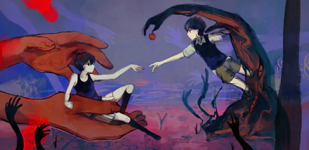 HD desktop wallpaper featuring Sunny from the video game OMORI, reaching for an apple while wearing shorts and socks, with dark hair and surrounded by large hands.
