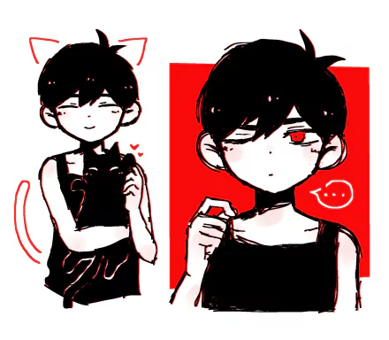 HD PC wallpaper of Omori from the video game OMORI in two panels: left smiling while holding a black cat, right a stoic close-up with one glowing red eye on a red background.