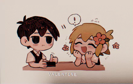 HD PC desktop wallpaper featuring black-haired Basil and blonde Sunny from the video game OMORI, with Sunny blushing and smiling joyfully.