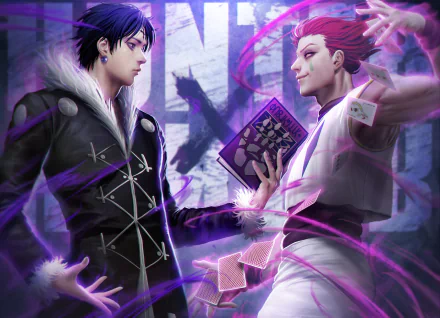 HD desktop wallpaper featuring Chrollo Lucilfer and Hisoka from Hunter × Hunter, surrounded by purple energy and playing cards in a dynamic anime scene.