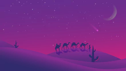 8K Ultra HD PC desktop wallpaper showing a camel caravan crossing sand dunes under a starry purple night sky with a crescent moon and shooting star.
