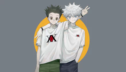HD anime desktop wallpaper featuring Hunter x Hunter characters Gon Freecss and Killua Zoldyck posing together against a gray background with an orange circle.