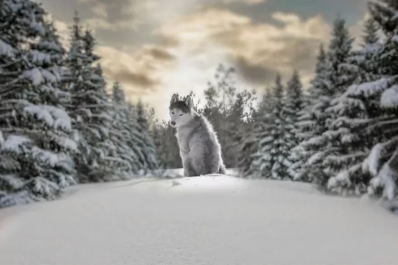 HD desktop wallpaper featuring a husky in a snowy winter forest. The depth of field creates a serene and focused composition with snow-covered trees in the background.