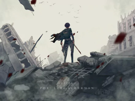 HD desktop wallpaper of Levi Ackerman from the anime Attack on Titan, standing heroically amidst ruins with a sword in hand, evoking a sense of determination and resilience.