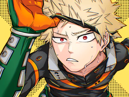 HD PC desktop wallpaper featuring Katsuki Bakugou from the anime My Hero Academia, showcasing his intense expression and dynamic pose against a vibrant yellow background.