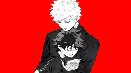 Izuku Midoriya and Katsuki Bakugou from My Hero Academia — anime HD PC desktop wallpaper: Bakugou stands behind Midoriya, both in black outfits against a vivid red background.