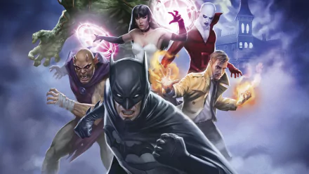 HD desktop wallpaper featuring Justice League Dark characters: Batman, Swamp Thing, Deadman, Etrigan the Demon, John Constantine, and Zatanna from the DC Comics movie.